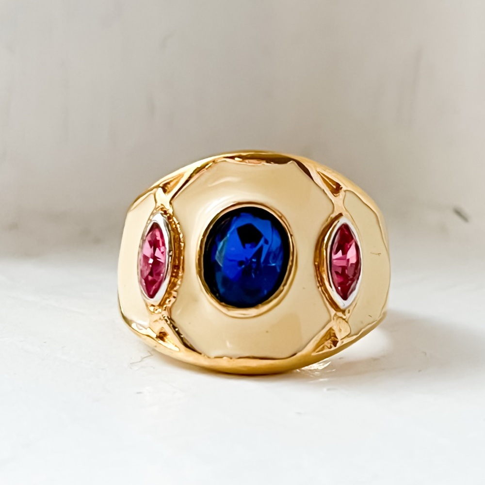 Antique 18K HGE Royal Enamel Craft Color Red Teal Gemstone Diamond Ring